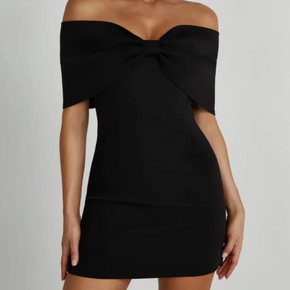 Black Off the Shoulder Mini Dress Bow Front - Size M (4 or 6)